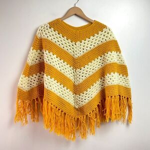 Vintage Handmade Crochet Poncho Striped Mustard Yellow Fringe Boho Hippie